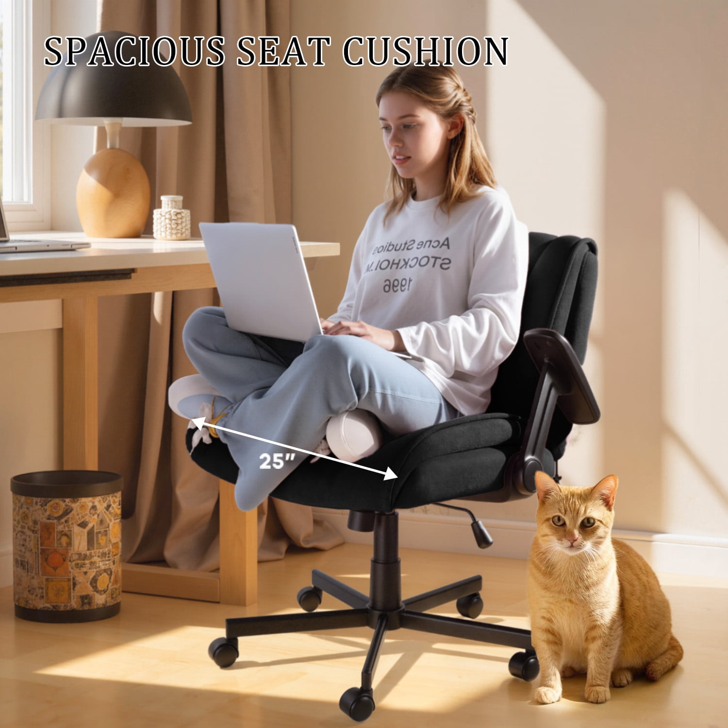 Waleaf Criss Cross Chair with Flip-Up Arms & Airbag Lumbar Support, Adjustable Height, Wide Seat Office Chair on Wheels, for Home Office, Desk, Vanity, Black
