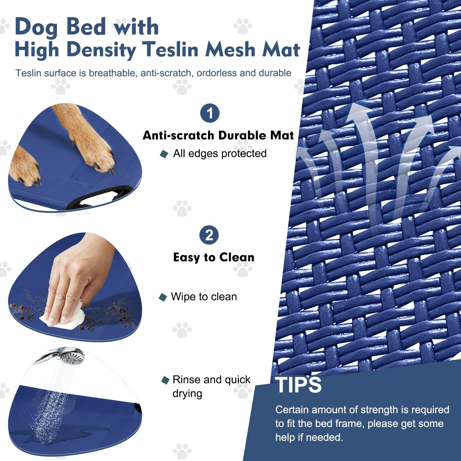 Furggis Elevated Dog Bed with Canopy, Portable Raised Outdoor Dog Bed with Stable Anti-Slip Feet, Blue