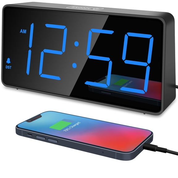 Digital Alarm Clock for Bedside Bedrooms, Loud for Heavy Sleepers, Large Dimmable LED Numbers for Seniors, Plug‑in Electric Clock with Battery Backup and USB Charger