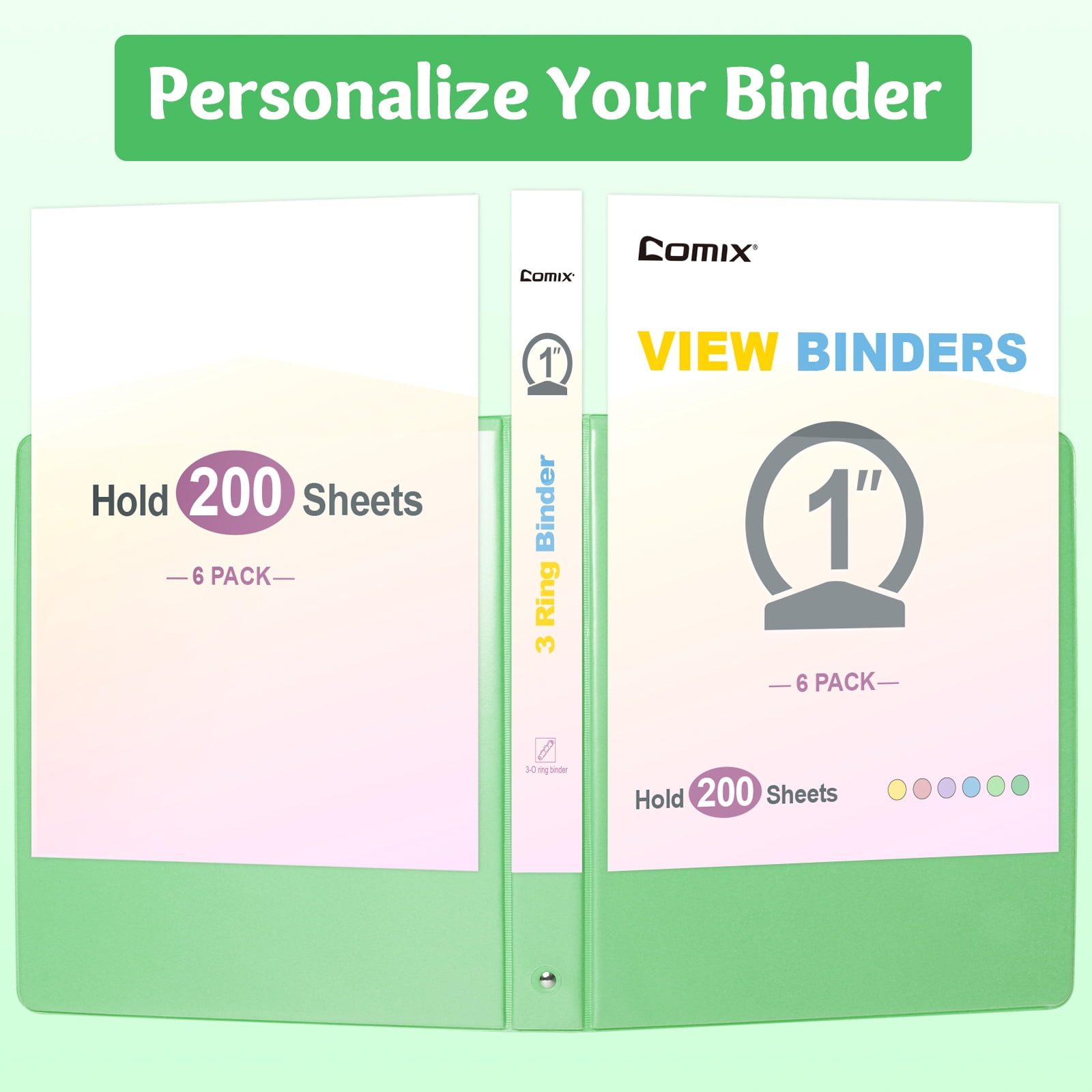 Comix 1 inch 3-ring Binder,Round Ring, 200 Sheets Capacity, 6 Pack Green