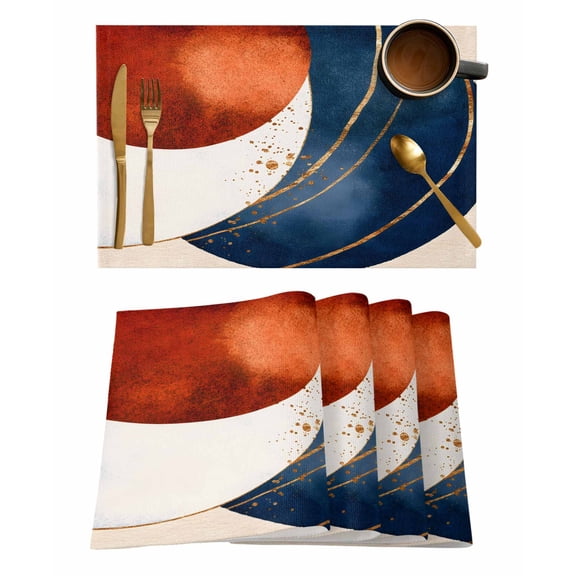 Navy Blue Burnt Orange Placemats Set of 6, Modern Boho Art Geometric Placemats for Dining Table, Place Mats for Kitchen Tabletop, Waterproof Wipeable Dining Table Mats Set