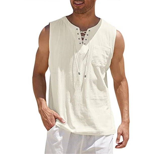 Nueva camiseta sin mangas para hombre, camiseta de manga corta de lino y algodón de Color sólido Irfora Albaricoque XXXXL