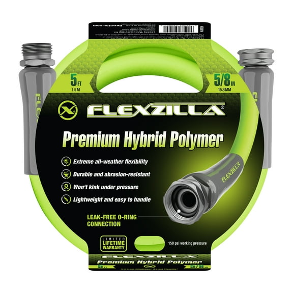 Flexzilla® Garden Hose, Hybrid Polymer, ZillaGreen™, 5/8" x 5', Female/Female 3/4" - 11 1/2 GHT Fittings