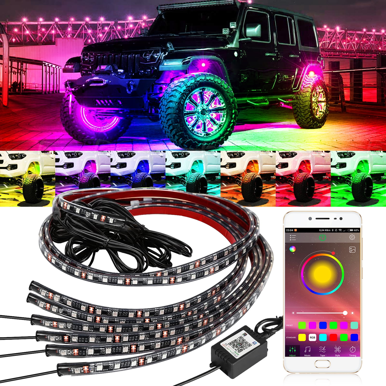 POWLAB Undercar Light,4Pcs Car LED Neon Glow Light Atmosphere Decorative Light Strip,Underbody System Waterproof Tube RGB 8 Color Sound Active Function with Wireless Remote Control 