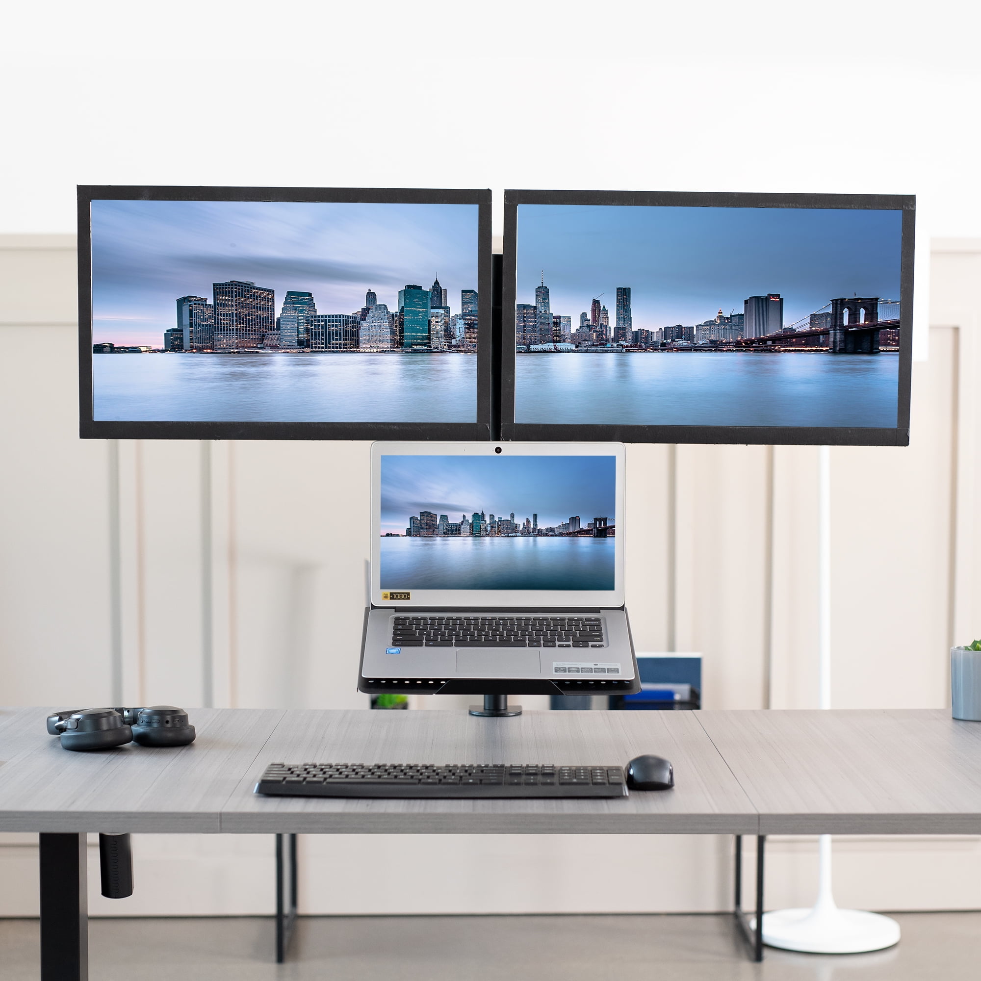 VIVO Dual 13" to 27" Monitor Mount with Laptop Holder, Tall Adjustable Stand