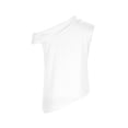 thumbnail image 6 of Craaazy Women's Loose Fit Solid Color Satin Off Shoulder Blouse - Asymmetrical Hem Short Sleeve Elegant Top Gifts, 6 of 9