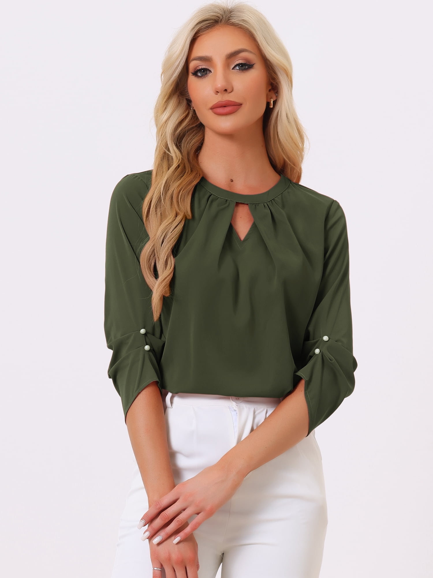 DARING DIVA Round Neck Keyhole Pleated Shirred Work Top XS Army Green