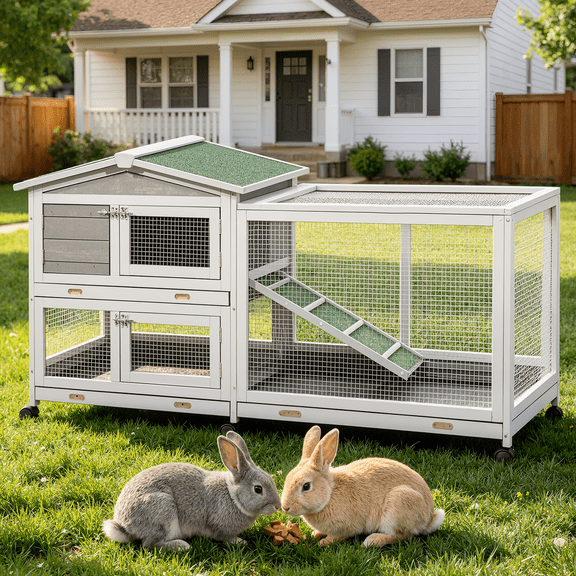 AECOJOY 61.5" Outdoor Wooden Rabbit Hutch, Two-Story Bunny Cage with Wheels, No-Leak Tray and Anti-Slip Ramp