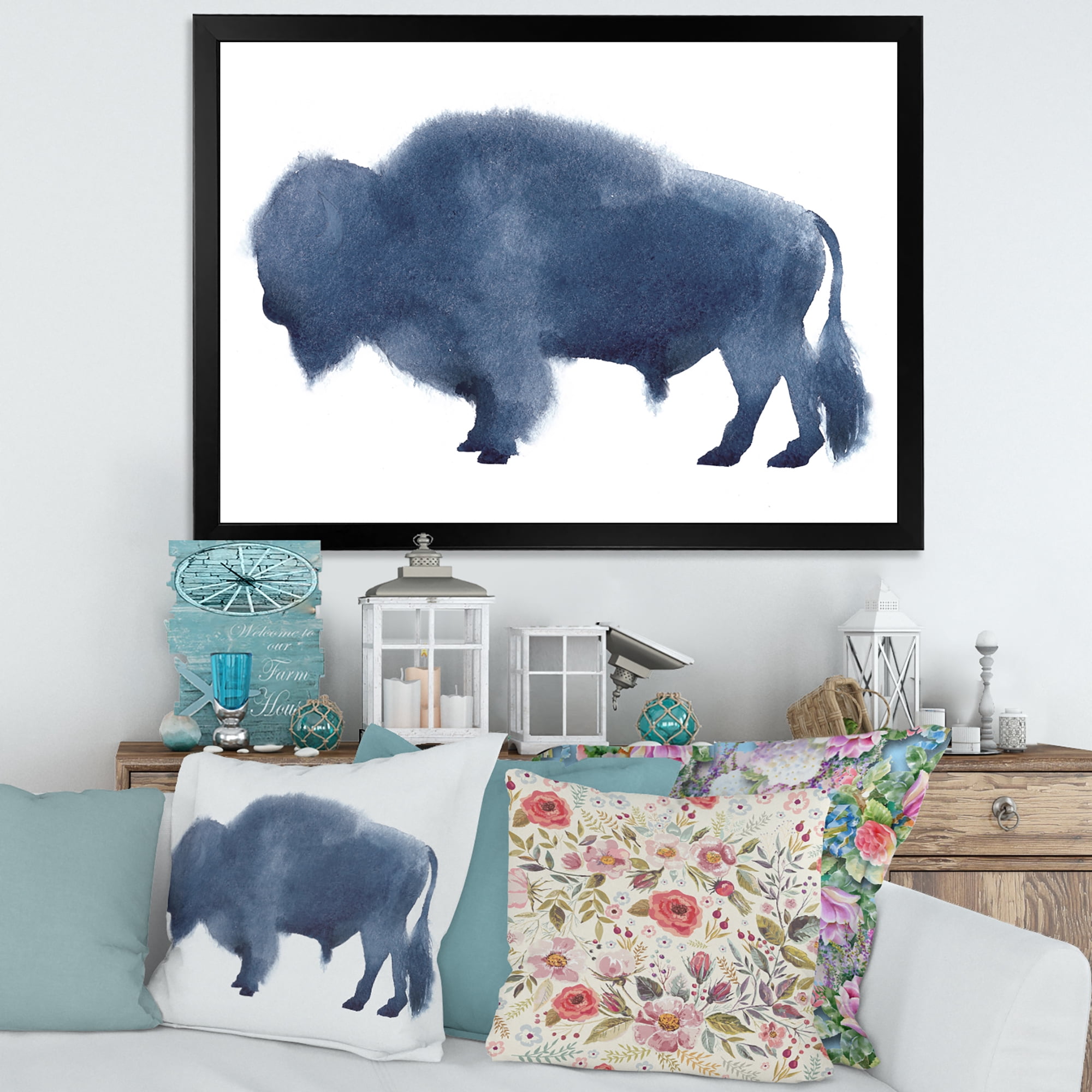 Designart 'Navy Blue Bison Silhouette On White' Farmhouse Framed Art Print