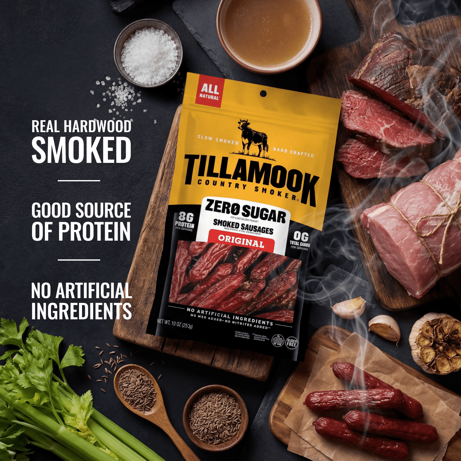 (6 pack) Tillamook Country Smoker Original Zero Sugar Smoked Sausages, 8g Protein per Serving, 10 Oz