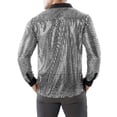 thumbnail image 4 of Mens Sparkly Sequin Shirt 70s Costumes Button Front Shirt Party Sheer Mesh Long Sleeve Shirt Tops (Silver,L), 4 of 5