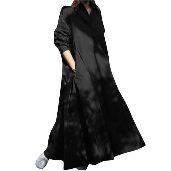 Ashirexll Winter Dress for Women, Long Sleeve Maxi Dress, Cotton Linen Fashion Solid Long Sleeve Dress for Women Fall Winter Casual Modest Mid Calf Length Outfit