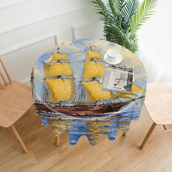 RKSupls 60 Inch Round Tablecloth, Harbor Sailboats Morning Light Premium Polyester Straight Edge Wrinkle Resistant Washable Table Cover for Party Home Dining Decor