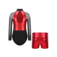thumbnail image 2 of Doomiva Kids Girls Long Sleeve Shiny Gymnastic Dance Leotard Bodysuit Jumpsuit with Metallic Shorts Set Activewear Red 6, 2 of 7