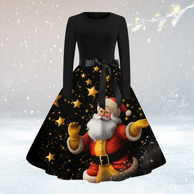 Robes Formelles pour Femmes 2023 Tendance Robe à Col Rond Manches Longues Patchwork Joyeux Noël Imprimé Grande Taille Robes Formelles pour Femmes Rondes en Liquidation