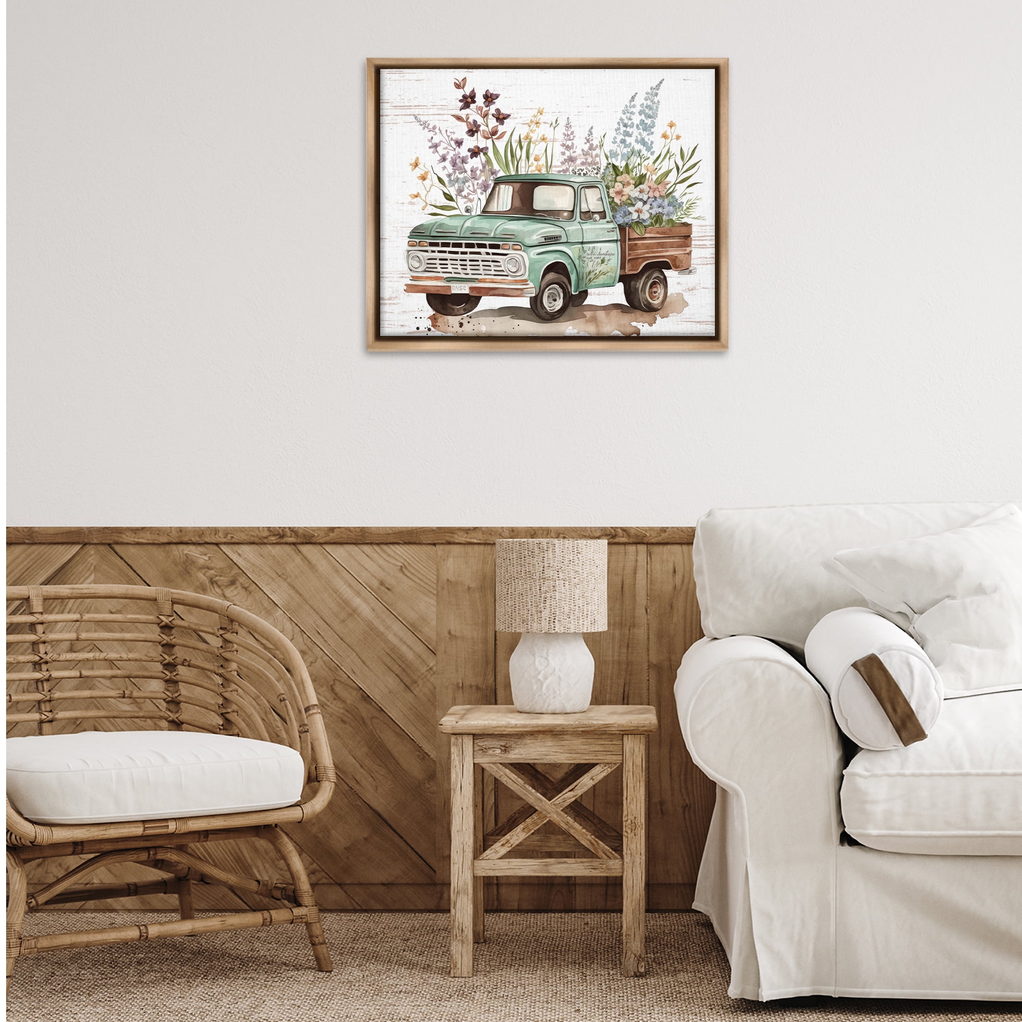 Stupell Industries Floral Herb Truck Transportation Painting Brown Floater Framed Canvas Art Print Wall Art, 31 x 25