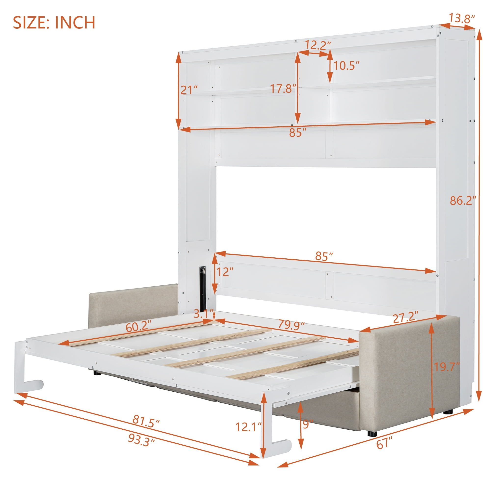 Queen Size Murphy Bed with Sofa and Open Storage Adjustable Shelves for Small Space, Guest Room