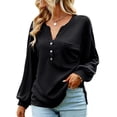 thumbnail image 1 of Camisa de manga larga con cuello en V para mujer, blusas sueltas de punto con botones hacia abajo y abertura lateral informal a la moda para otoño e invierno, negro M, 1 of 6