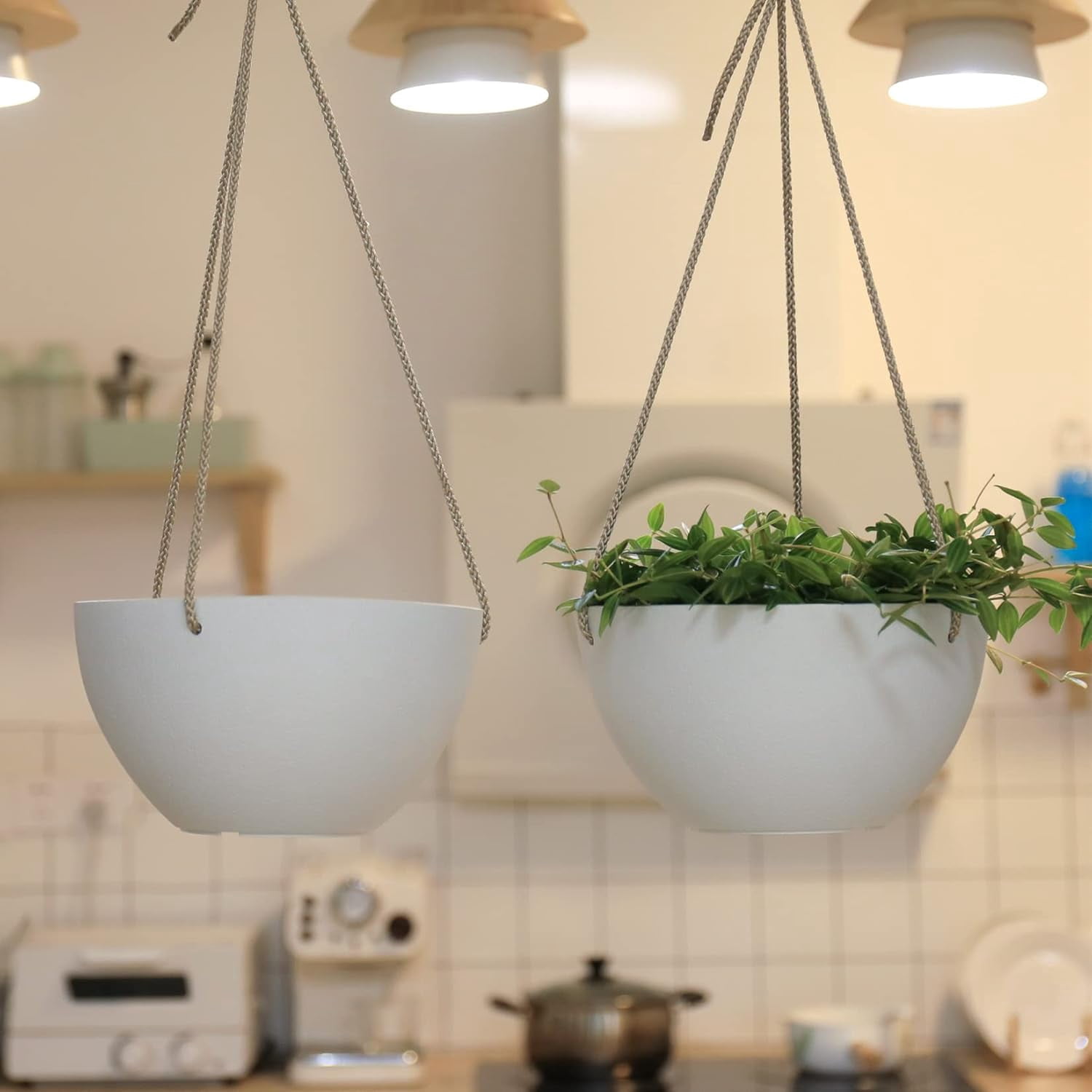 White Hanging Planter Basket - 8 Inch Indoor Outdoor Flower Pots, Plant Containers W/Drainage Hole, Pot for Plants, Pack 2
