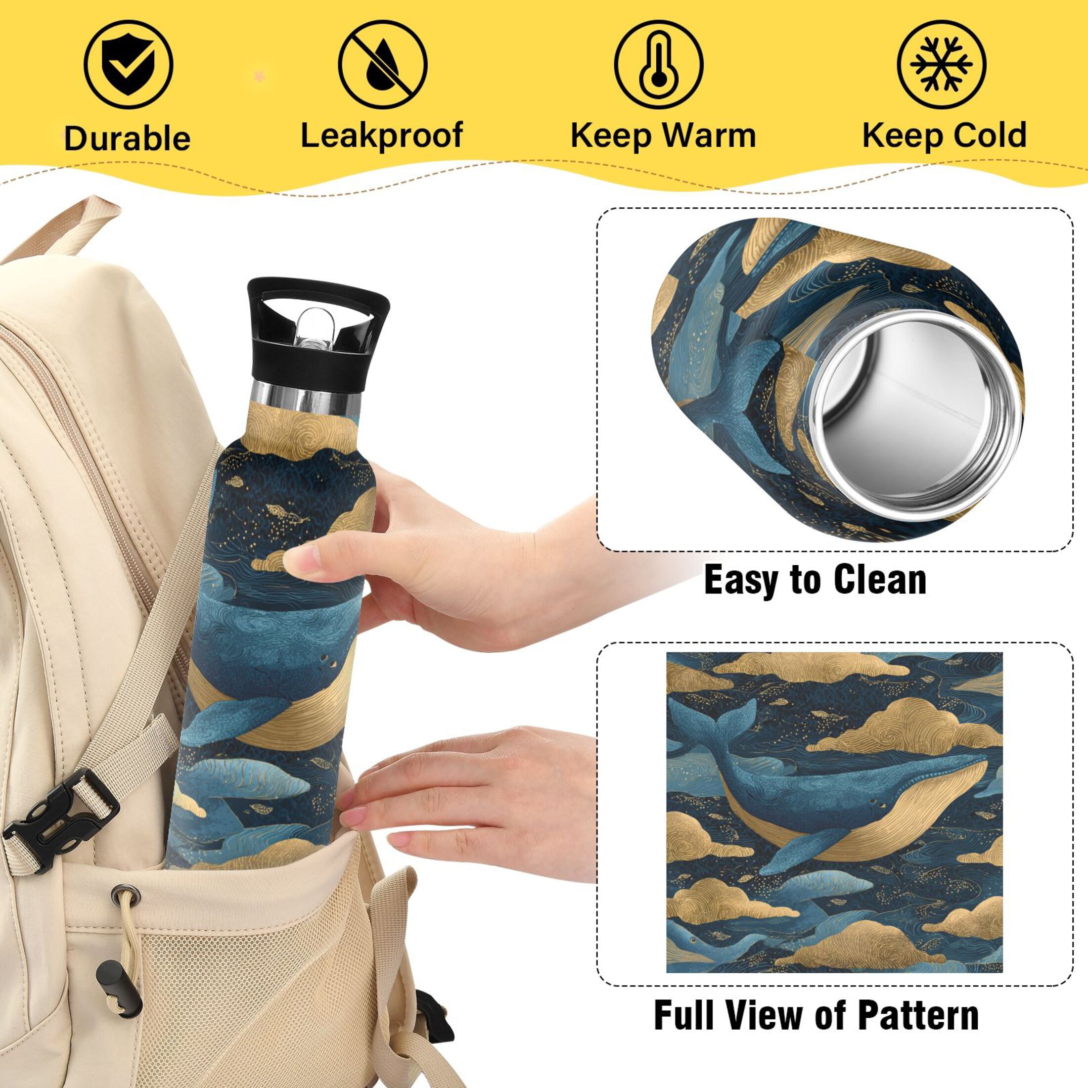 600ML Stainless Steel Insulated Cup Sports Water Bottle Portable Thermos Cup Water Glasses Insulated Tumblers Convenient and Durable Sky Whale Cartoon