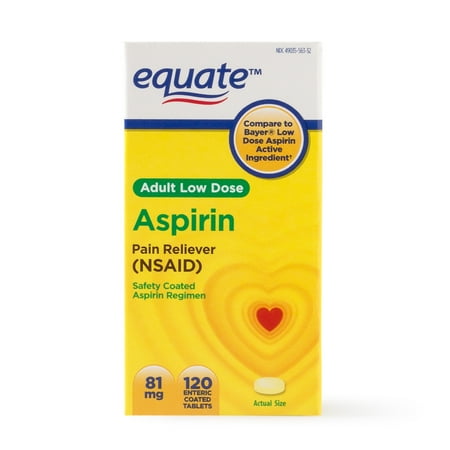 (4 pack) (4 Pack) Equate Low Dose Aspirin Enteric Coated Tablets, 81 mg, 120 Ct