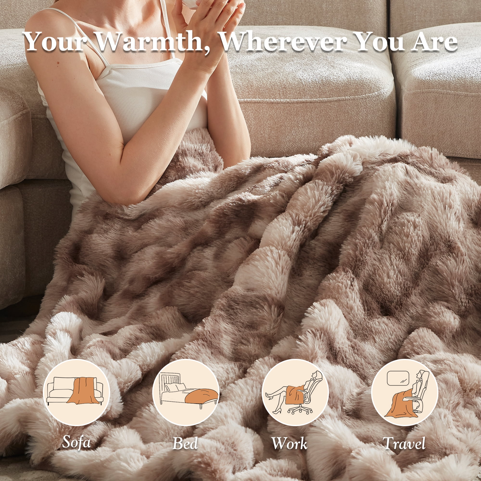 COZY@HOME Heated Blanket,Plush Thick Faux Fur Throw Size 62"x84", Patterned Taupe, 5-Min Fast Heating 6 Heating Levels & 10 Hours Auto-Off, Machine Washable