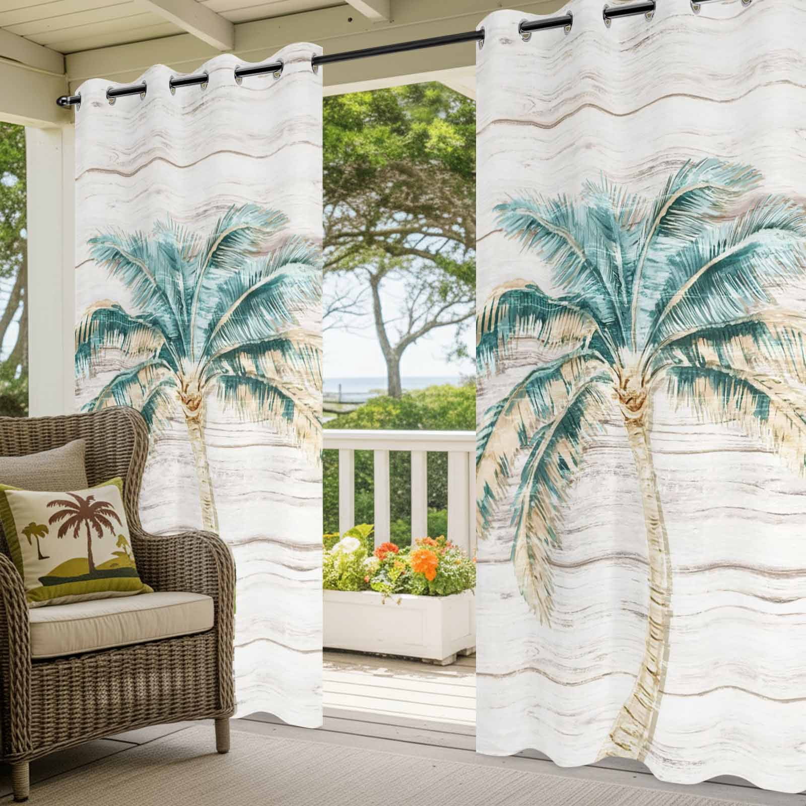 Palm Tree Outdoor Curtains for Patio, Vintage Green Tree Coastal Plant Modern Wood Striped Sunshade Privacy Drapes Grommet Waterproof Outside Curtains for Porch/Cabana/Balcony 54"x 108", 2 Panel