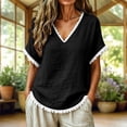 thumbnail image 2 of Linen Cotton Tops For Women Summer V Neck Short Sleeve Tassel Trim Casual Solid Classic Holiday Resort Weekend Outdoor Easy Outfit Elegant Laid Back, 2 of 6