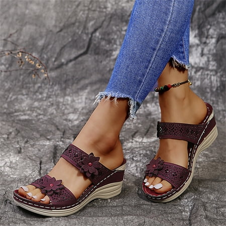 

Women Slope Platform Slippers Vintage Casual Sandals Flower Decor Slide Shoes