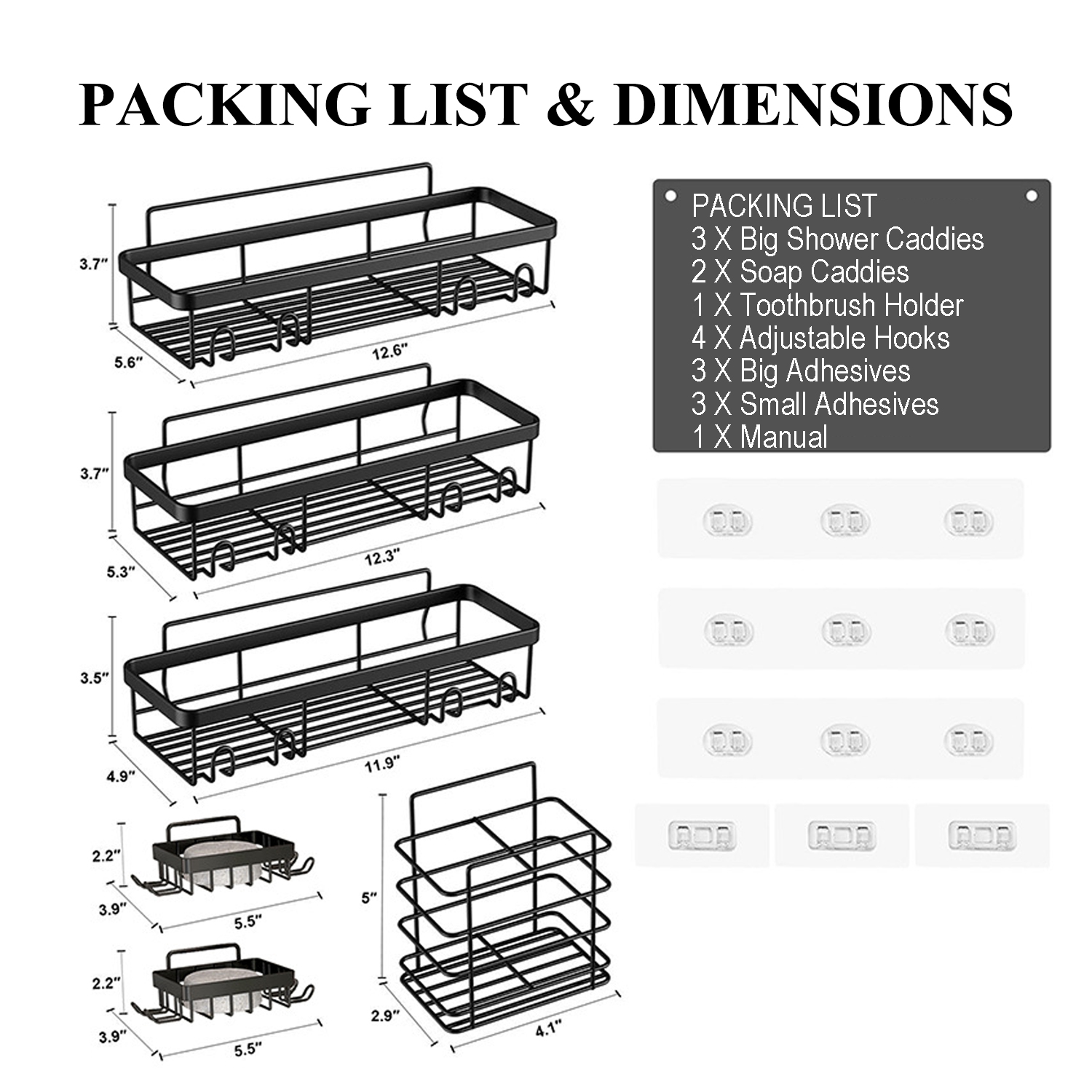 PHANCIR 6-Piece Shower Caddy, Wall Mount, Black photo 3