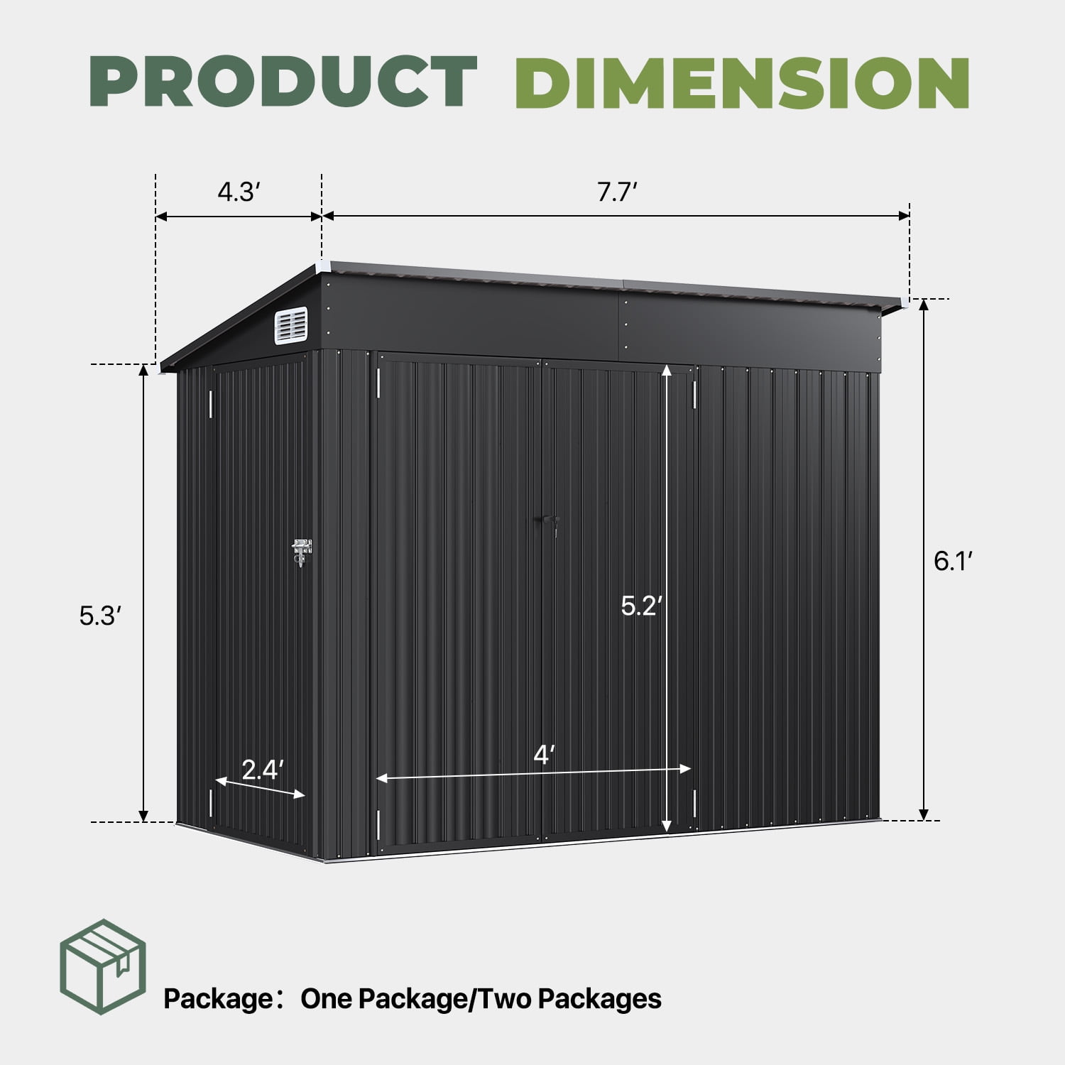 BaPiPro 8'x4' Lean-to Metal Storage Shed, Outdoor Lockable Shed with Triple Doors & Vents for Garden, Backyard, Patio - Black