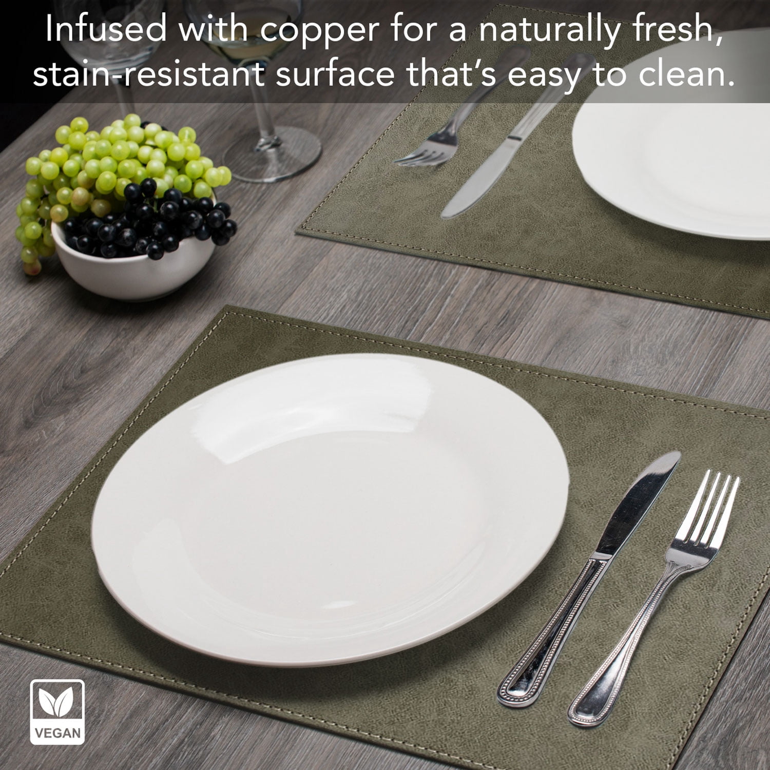 Luxurious Olive  Vegan Leather Placemats 4 Pack Look and Feel of Genuine Leather Infused with Copper