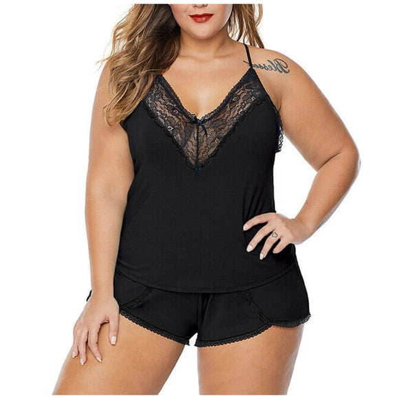 WZXFASHION Women Lingerie Lace Underwire Racy Muslin Sleepwear Underwear Nightdress Sexy Two-Piece Pajamas Intimates Black XL