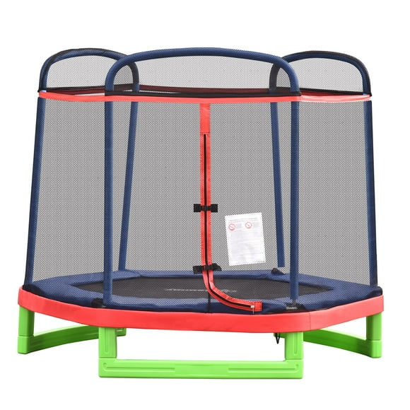 Outsunny 84.75" Kids Trampoline 7 FT Indoor Outdoor Trampolines with Safety Net Enclosure Built-in Zipper Padded Covering, for Boys and Girls, Red