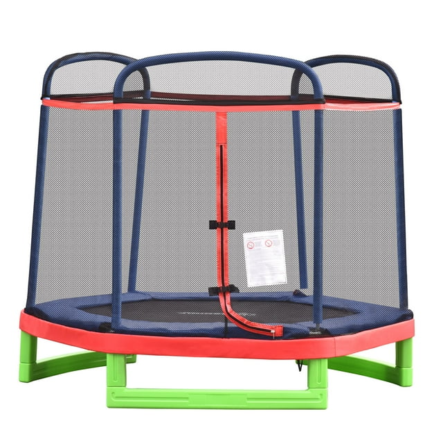 Outsunny Trampoline pour Enfants de 84,75 Po 7 Pi Intérieur Extérieur avec Enceinte de Sécurité à Filet, Fermeture Éclair Intégrée, Revêtement Rembourré, pour Garçons et Filles, Rouge