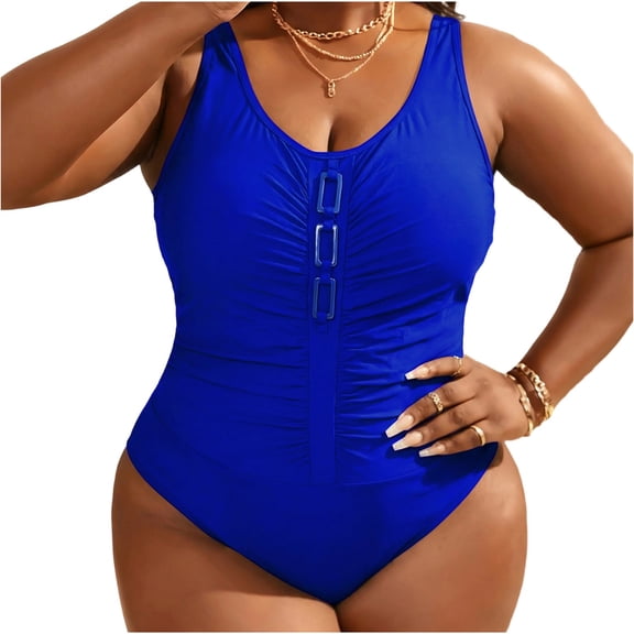 Staron Plus Size Swimsuit for Women Ruched One Piece Bathing Suit Wide Straps Adjustable Side Ties UPF 50 Sun Protection Swimwear, Blue XXL