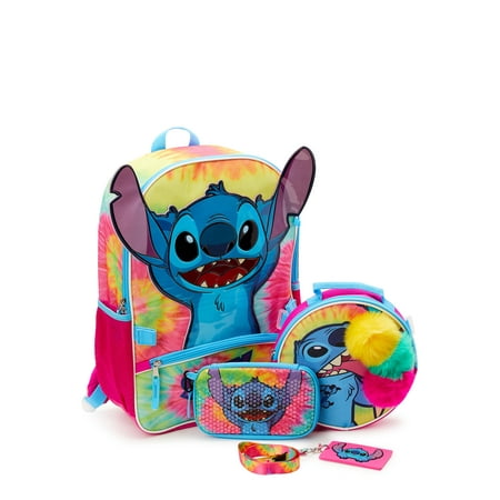 Disney Stitch Kids Rainbow Tie Dye 17" Laptop Backpack and Lunch Tote Set, 4-Piece