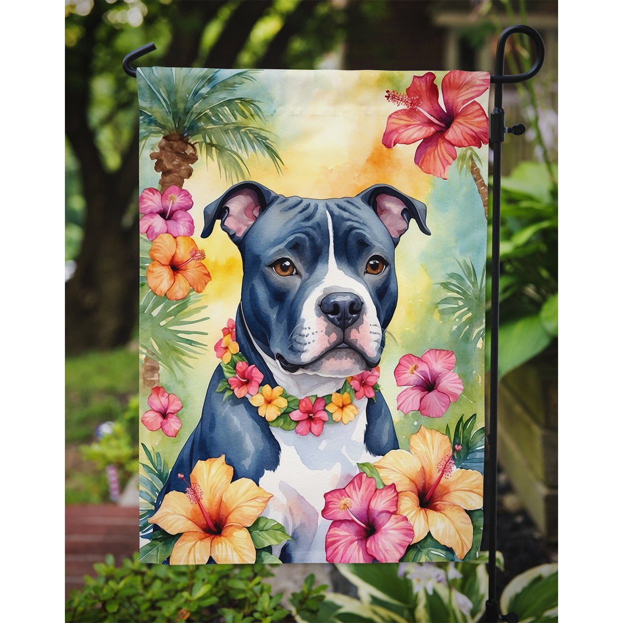 Staffordshire Bull Terrier Luau Garden Flag 11.25 in x 15.5 in