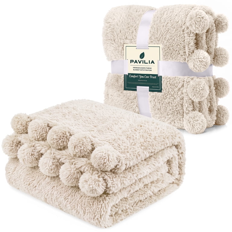 Pavilia Sherpa Throw Blanket with Pom Pom, Beige 50x60 photo 8