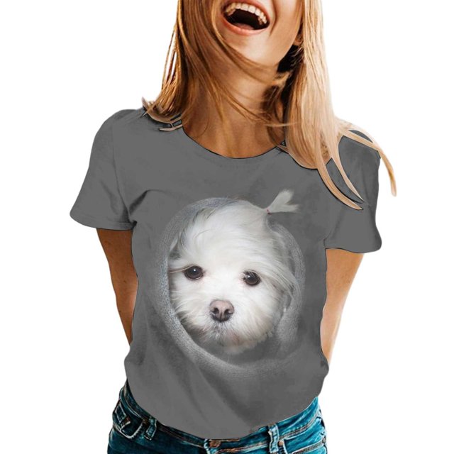 YDLCAFD T-Shirt Femme Mode Décontractée Imprimé Chiot Mignon Col Rond Manches Courtes T-Shirt Haut