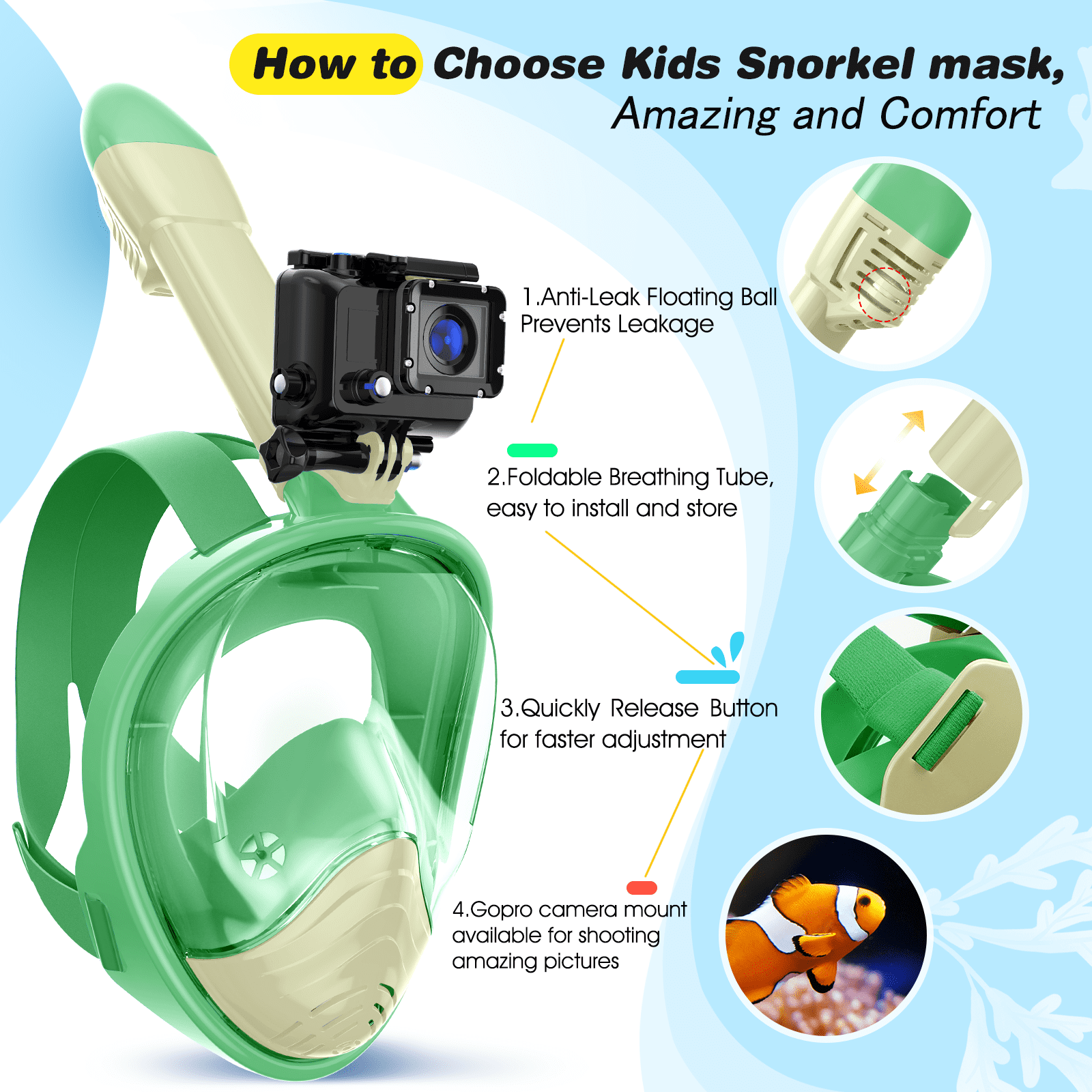 Gintenco Full Face Snorkeling Mask, kids Dive Mask with Innovative Leakage Protection System, 180 Panoramic Snorkeling Gear with Removable Camera Mount cyan