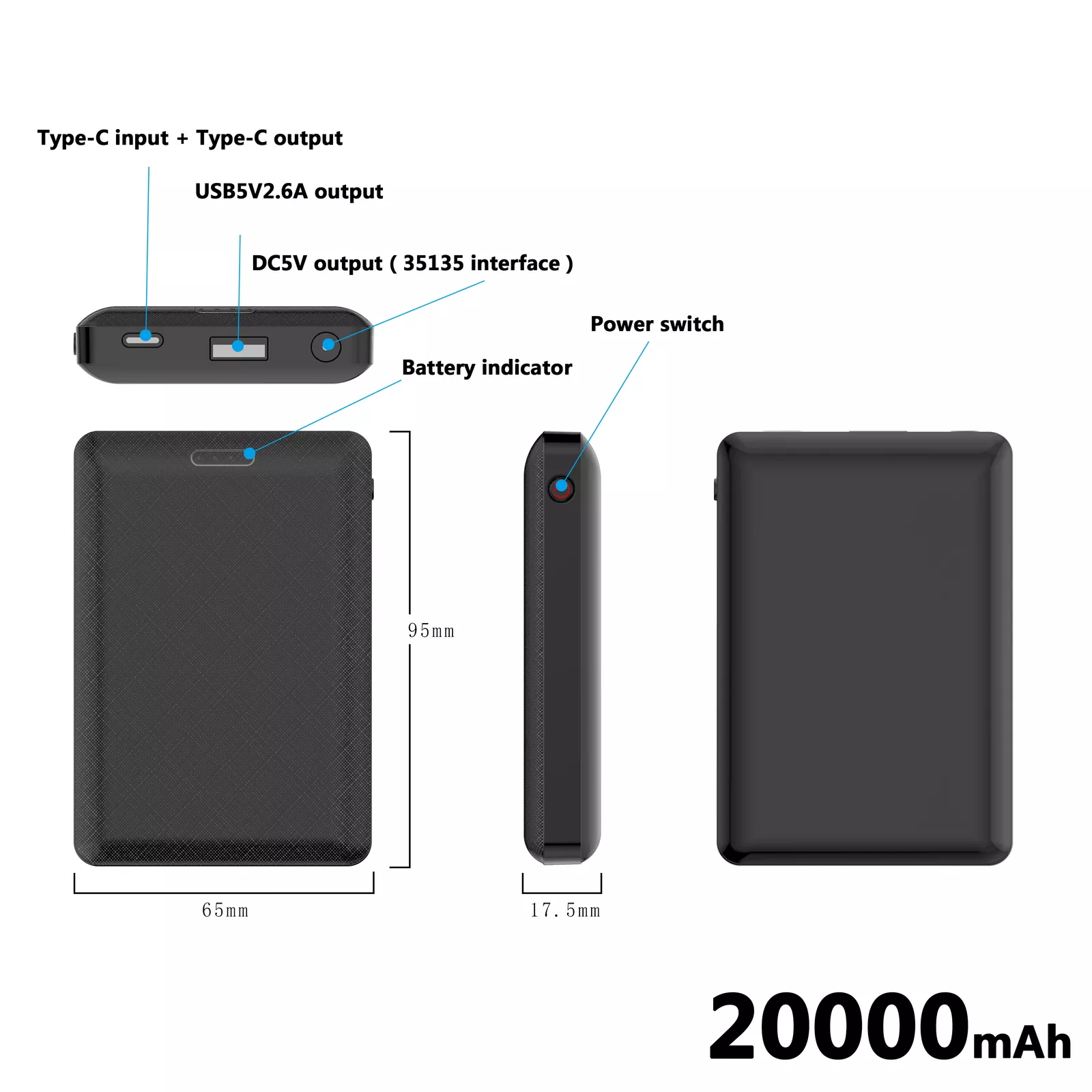 Shinefuture  Power Bank 20000mAh Type-c 3.5mm DC Battery Pack Portable Charger for Heated Vest Coat, 2 Pack