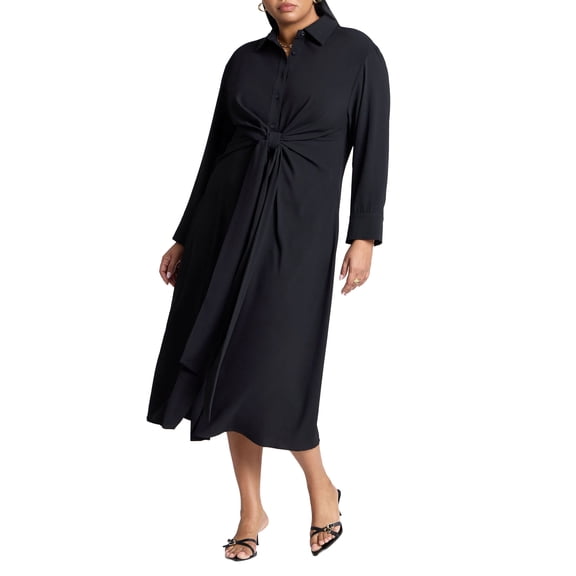 ELOQUII Women's Plus Size Tie-Front Oversized Midi Shirt Dress