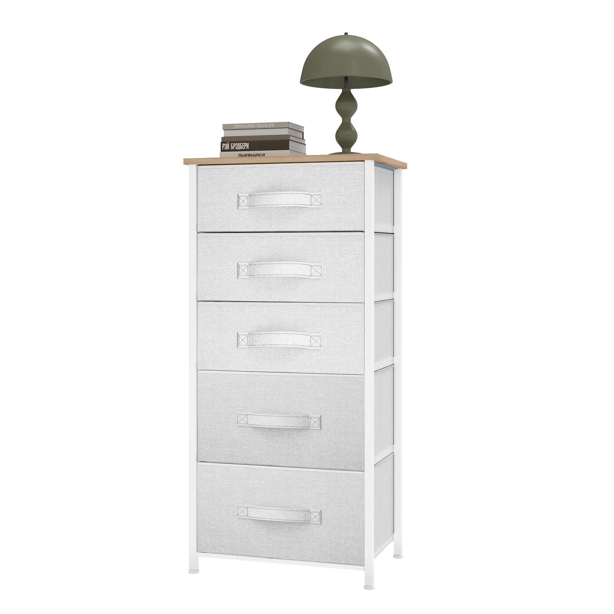 Uforic 5-Drawer Vertical Dresser,Fabric Storage Tower with Steel Frame and Wooden Top,Organizer Unit for Living Room and Hallway Light Gray