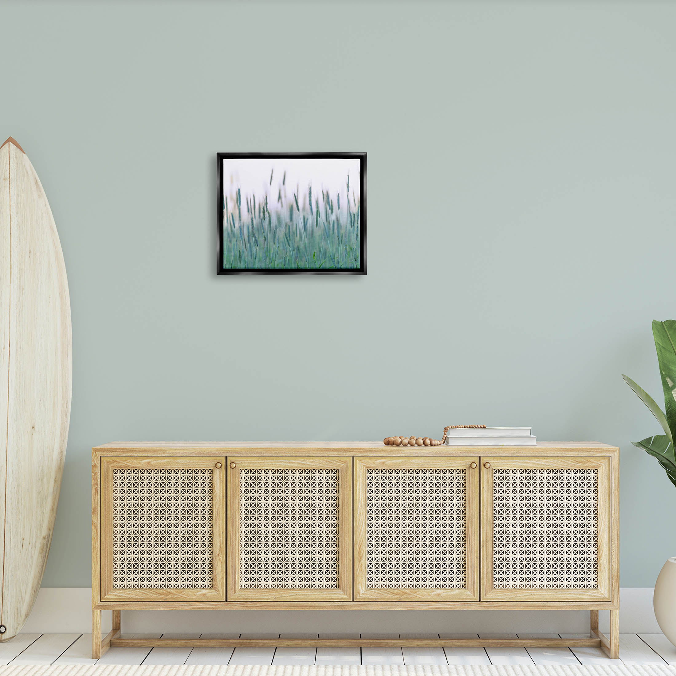 Green Wheat Field Sprigs Landscape Photograph Jet Black Framed Art Print Wall Art