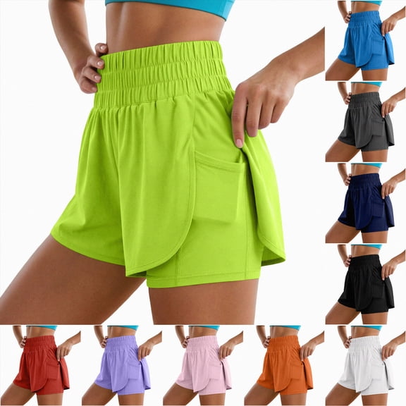COMVALUE Women's 2 in 1 Running Shorts High-Split Athletic Short High Waisted 3" Liner Workout Gym Short with Pockets (Pink, S)
