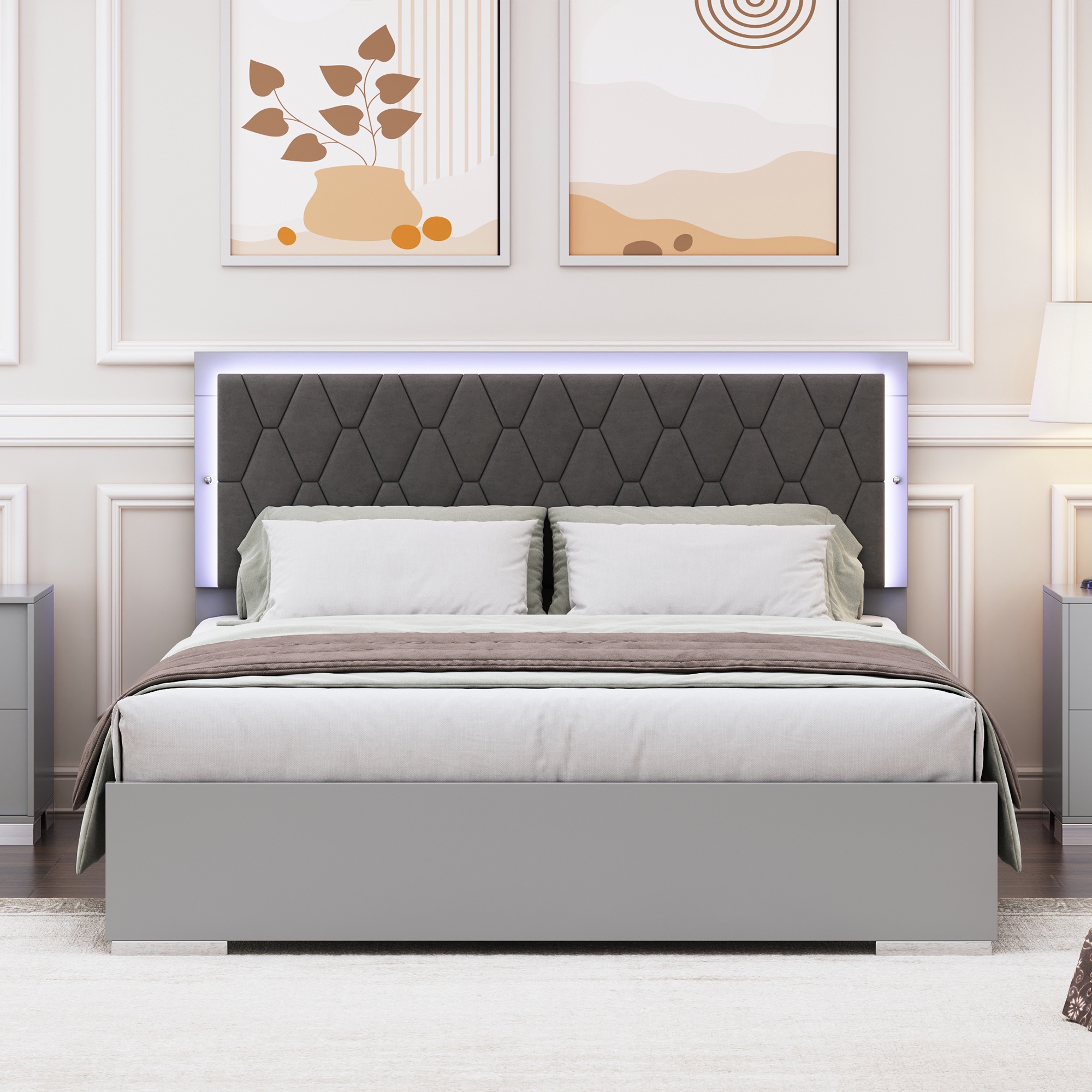 PORKISS Queen Size Bed Frame, Modern Upholstered Bed with LED Light, Wood Platform Bed with with Velvet Headboard, Grey