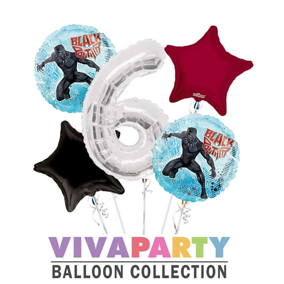 Black Panther Round Balloon Bouquet 5 pc, 6th Birthday, Silver Number 6 Jumbo Balloon | Viva Party Balloon Collection