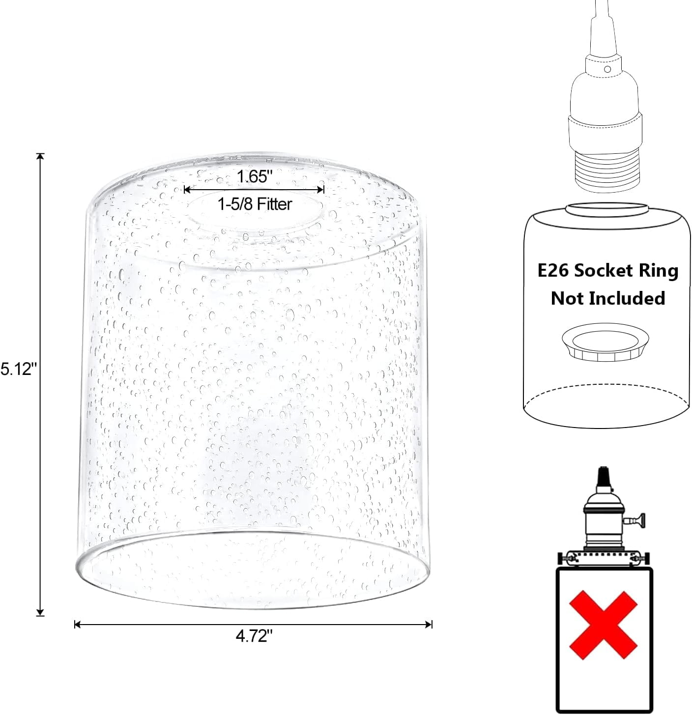 1 Pack Seeded Glass Shade Clear Glass Lamp Shade Replacement Glass Shade for Pendant light, Floor lamp, Desk lamp,Wall Sconces and Bathroom Vanity lights.1-5/8-Inch Fitter Opening