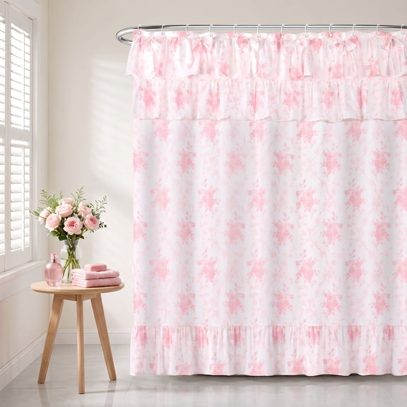 Dznils Pink Floral Ruffle Shower Curtains, Farmhouse Fabric Shower Curtain with Hooks for Bathroom Bathtub, French Country Vintage, Washable, Waterproof, 72" x 72"